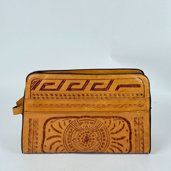 Hand Tooled Leather Crossbody Purse W/Eagle & Aztec Motif Boho Style Rustic Bag - Picture 4 of 10